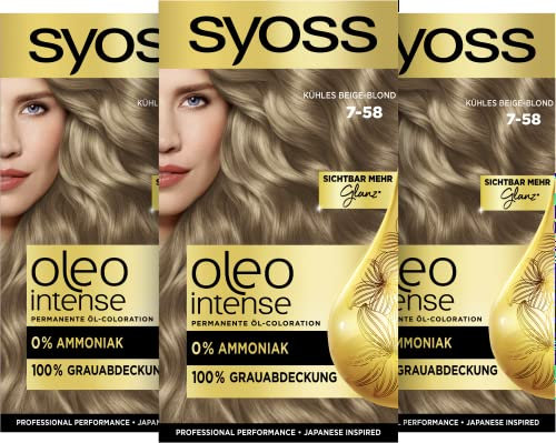 Syoss Oleo Intense Öl-Coloration 7-58 Kühles Beige-Blond Stufe 3 (115 ml), dauerhafte Haarfarbe mit pflegendem Öl, Coloration ohne Ammoniak