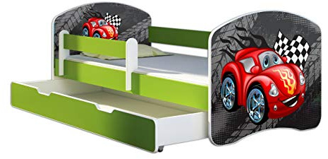 ACMA Kinderbett Jugendbett mit Einer Schublade und Matratze Grün mit Rausfallschutz Lattenrost II 140x70 160x80 180x80 (05 Rote Auto, 160x80 + Bettkasten)