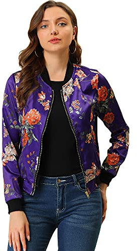 Allegra K Veste Bomber Femme Col Montant Zippé Imprimé Floral Costume d'Halloween Violet foncé M