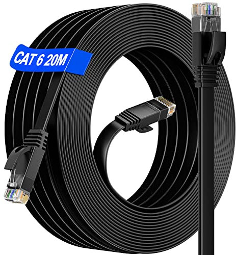 Cable Ethernet Cat 6 Gigabit 20 Metros, Alta Velocidad LAN Internet Plano, Rj45 Broadband Impermeable Exterior Interior, para Router Switch (20 Clips)