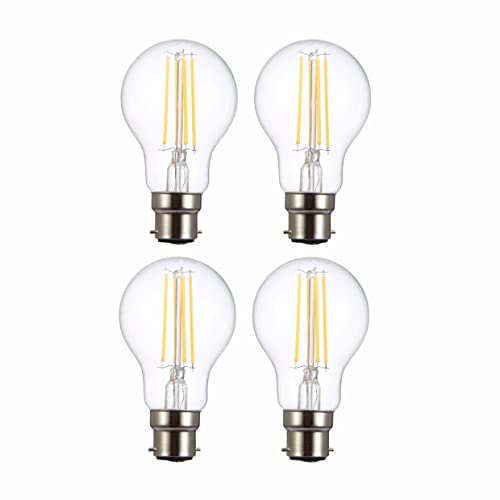 TEKLED Dimmable LED Filament Bulb B22 Bayonet A60 GLS 6.5W (70W Equivalent), 806LM Warm White 2700K Clear Glass Energy Saving Light - 4 Pack