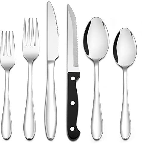 Besteck Set, Joyfair 36-teiliges Edelstahl Essbesteck mit Steakmesser, Besteckset 6 Personen mit Gabel Messer Löffel, Elegantes Tafelbesteck Set für Familie/Restaurant/Bistro/Party, Spülmaschinenfest
