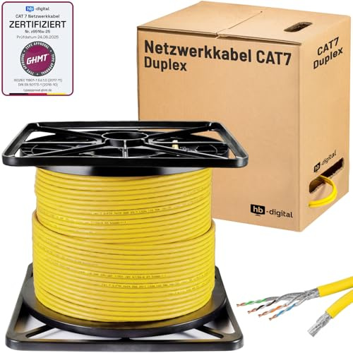 HB-DIGITAL 100m CAT 7 Netzwerkkabel reines Kupfer Duplex - Gelb | LAN Kabel GHMT Zertifiziert Verlegekabel Ethernet Installationskabel, 10 Gbit/s, reines Kupfer AWG23 S/FTP
