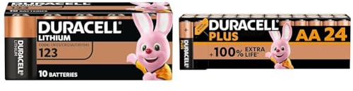 Batterie DURACELL CR123 (confezione da 10) al litio ad alta potenza da 3 V & Batterie Plus AA (pacco da 24) - Alcalina 1.5V - Fino al 100% di extra durata