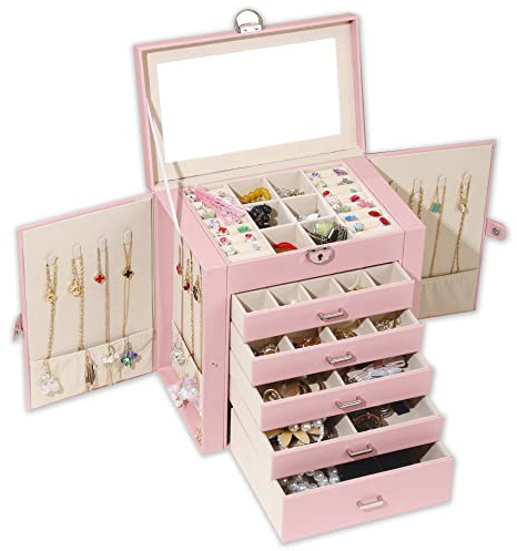 BOOVO Schmuckkästchen für Damen, 6 Ebenen, großer Schmuck-Organizer mit Spiegel, multifunktionale Aufbewahrungsbox mit Schloss, Zubehörhalter mit 5 Schubladen, für Ohrringe, Ringe, Armbänder (Rosa)