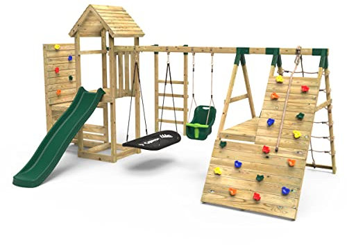 Rebo® Wooden Climbing Frame with Vertical Rock Wall, Swing Set and Slide - Cairngorm | OutdoorToys | Kids' Outdoor Wooden Garden Play Equipment, Children's Jungle Gym