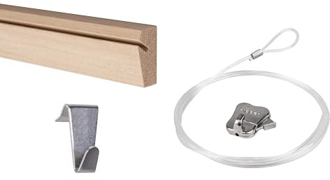 STAS Bilderschiene aus Holz – Bilderaufhängesysteme/Fotorahmen/Poster – Aufhängeschienen – Riva 120 cm + Riva Haken + Perlonseil mit Ösen 150 cm + Zipper Bilderhaken (komplettes Set)