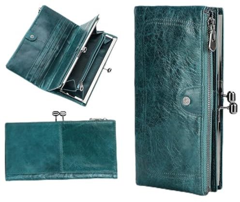 CONTACTS Damen Geldbörse Gross mit Kiss Lock,Leder Lang Geldbeutel Clutch Reißverschluss Portmonee Blau,RFID Telefon Portemonnaie mit 12 Kartenfächer und Münzfach