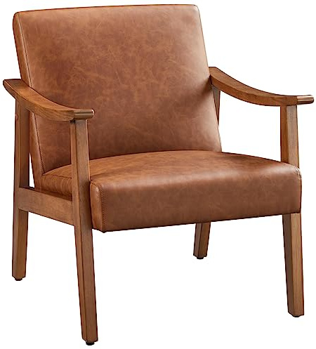 Yaheetech Butaca de Salón Tapizado en PU Sillón Individual con Respaldo Acolchado y Reposabrazos de Madera Maciza Sofá Individual Ergonómico Soporte 136 kg Marrón Claro