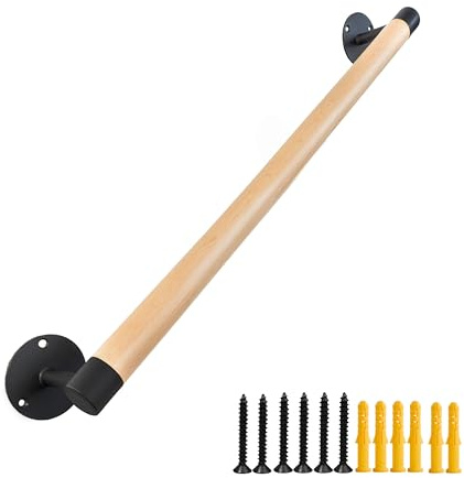 Purife 3 FT Wood Hand Rails for Indoor Stairs, Safety Grab Bars for Wall | Metal Bracket Support, Wooden Stair Handrail, Outdoor Railings, Banister Garage Deck Steps Rail, Handle for Elderly & Senior