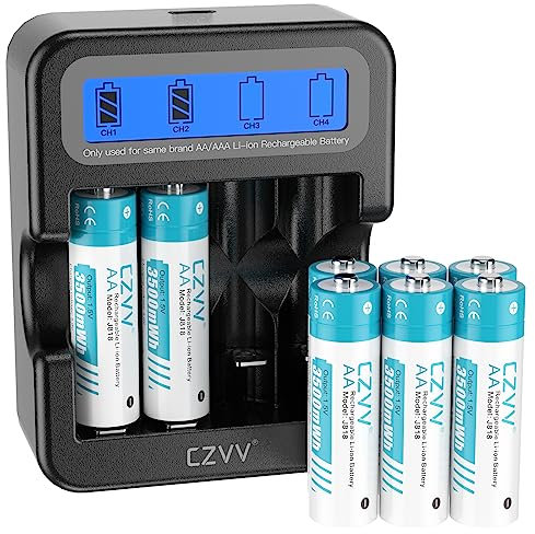 czvv Wiederaufladbare Batterien AA Lithium 1,5V - Hoher Kapazität 3500mWh - 1300 Ladezyklen - 8 Stück Akkus mit LCD-Anzeige Ladegerät, 2 Stunden Schnellladung, Geringe Selbstentladung(Schwarz)