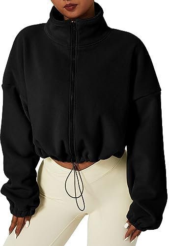 AMDOLE Graphic Sweat Shirts Women Women's Full Zip Fleece Short Jacket Warm Winter Long Sleeve Stand Collar Crop Coat Boyfriend Oversized Sweater (Black, M)