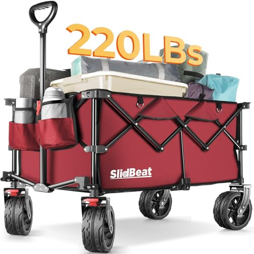 SLIDBEAT Camping Gartenwagen mit großen Universalrädern - Klappwagen Heavy Duty Foldable - Strandwagen Wagonsn Cart Rot