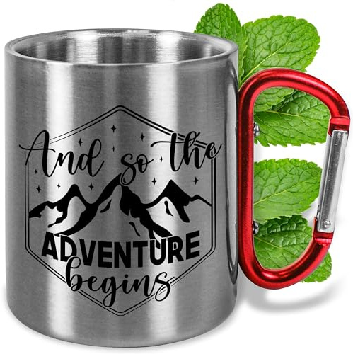 Edelstahl-Tasse mit Karabiner ca. 330ml „And so the Adventure begins“ – Metall-Becher als Geschenk für Kletterer Bergliebhaber Männer & Frauen - Outdoor Camping (Adventure begins)
