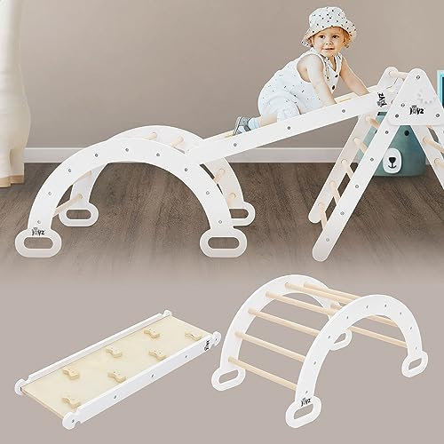 Joyz 2 in 1 Kletterbogen mit Rutsche, Weiß, aus Holz, Regenbogenwippe mit Kletterrampe, nach Pikler Art, 2er Set Klettergerüst Indoor für Kinder ab 1 Jahr, Montessori Lernspielzeug Kletterspielzeug