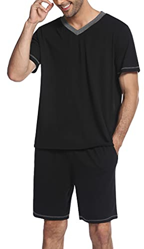 Ekouaer Herren Schlafanzug kurz Herrenschlafanzug Shorty Männer Kurz Schlafanzüge Shorty Pyjama kurz Nachtwäsche Schwarz XL