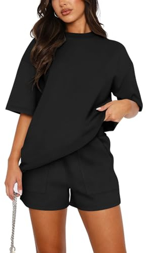REORIA Damen Tracksuit Kurzarm Rundhalsausschnitt Einfarbig Zweiteiler Hausanzug Loungewear Outfit Jogger Trainingsanzug Set