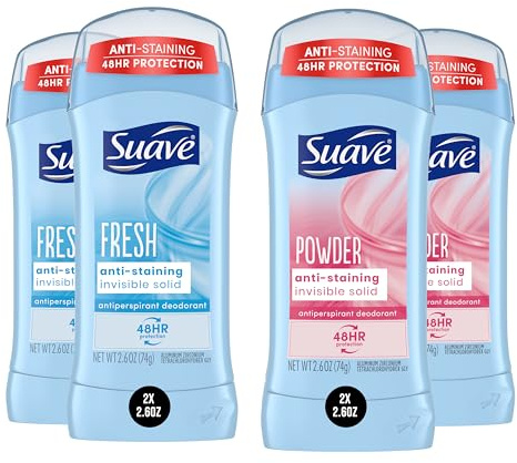 Suave Deodorant Women, Antiperspirant, Powder and Fresh Bundle, 48-Hour Odor & Wetness Protection, with Essential Oils, anti-staining, no baking soda Bundle 4 x 2.6 oz
