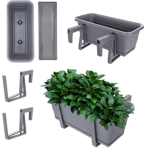 KADAX Blumenkasten mit Untersetzer im Set, mit oder ohne Blumenkastenhalterungen, Balkontopf aus Kunststoff, Pflanz-Kasten, Geländerkasten, Blumentopf (Anthrazit, 40cm + Halterungen)
