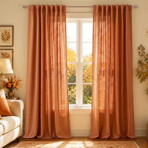 KOUFALL Bunte Vorhänge für Wohnzimmer, aus reinem Leinen, Bohemian-Stil, für Esszimmer, 240 cm lang, Burnt Orange