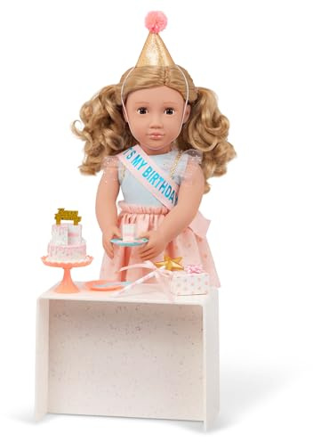 Our Generation Romy Geburtstags-Puppe, 46 cm, mit Torte und Zubehör | 46 cm große Spielpuppe Romy mit Partyhut, Schärpe, Zauberstab, Torte und Geburtstagszubehör, Leicht umzuziehen, 3+ Jahre