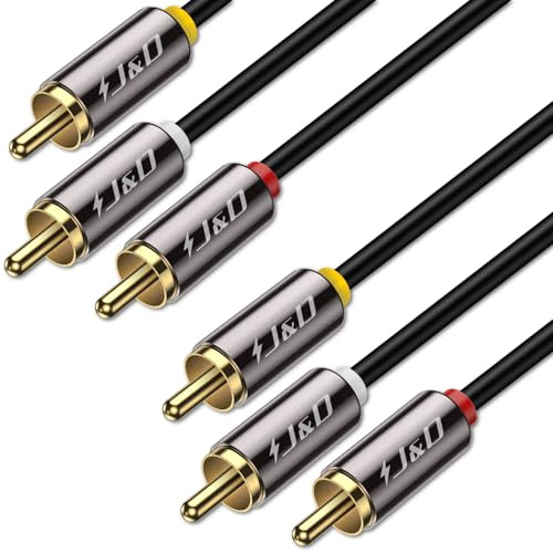 J&D Câble Audio/Vidéo 3 RCA Mâle à Mâle, 1 Connecteur Vidéo Composite et 2 Audio Stéréo, Pour Amplificateurs, Chaînes Stéréo, Système HiFi, DVD, Parleur, 2,4 Mètres
