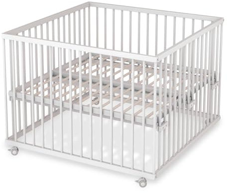 Sämann Laufstall Baby mit Lattenrost und 3 Schlupfsprossen | stufenlos höhenverstellbar | Laufgitter Premium | Babybett aus Holz | Krabbelgitter (weiß, 100x100 cm)
