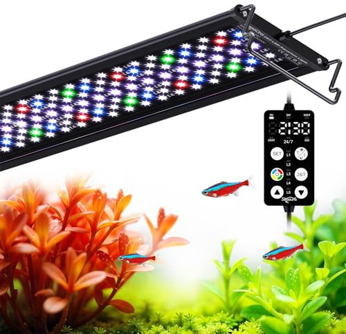 SEAOURA Aquarium Beleuchtung mit 24/7 Timer für 60-75cm Süßwasserbecken | PAR-starke Vollspektrum LED, Tag Nacht Zyklus, 3 Timer+Speicher, 9 Farben, 20 Dimmst, 15min Sanftw, verstellb Halter