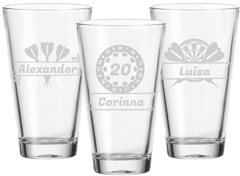 LUXENTU Trinkglas-Set mit Gravur, Darts-Motiv, 300 ml, 3 Stück | Personalisierte Universalgläser für Kinder, Erwachsene & Dartsfans, Spülmaschinenfest