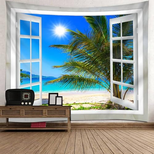 Mesnt Wandteppich Strand XXL 240x220, 240x220cm Fensterrahmen Mit Tropischer Pflanze Und Meer Strand Landschaft Wandteppiche Wandkunst für Schlafzimmer Wohnzimmer | Weiß Blau Grün