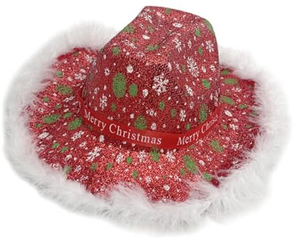 Perfeclan Weihnachts-Cowboyhut für Damen und Herren, Cowgirlhut für Rollenspiele, Feiertage, Karneval, Rot mit Weißem Rand