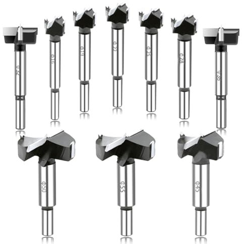 Forstner Drill Bit Set,10PCS Carbide Tipped Forstner Bit for Hard Wood, Wood Drilling Hole Saw Set Woodworking Hinge Cutter Tool Kits for Plastic Plywood