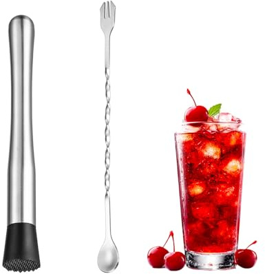 EASYLOCK Stainless Steel Cocktail Muddler and 26cm Mixing Spoon Set Fruit Ice Crusher Bar Tool Set for Mojitos Party Family Gathering