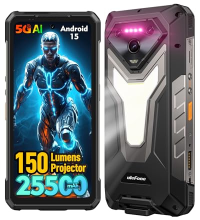 Ulefone Armor 34 Pro Plus IA Smartphone Incassable 5G, 25500mAh Téléphone Portable avec 150-lumens Projecteur, 32Go+512Go Dimensity 7400X, Andoird 15, 6,95FHD+, 64MP Vision Nocturne/Camping Lampe/OTG