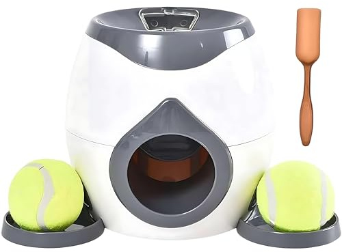 Automatischer Ballwerfer für Hunde, Ballwerfer für Hunde mit 2 Tennisbällen, Hundeballwerfer, interaktiver Hundeball Indoor & Outdoor Fütterungsmaschine für kleine und mittelgroße Hunde, Grau