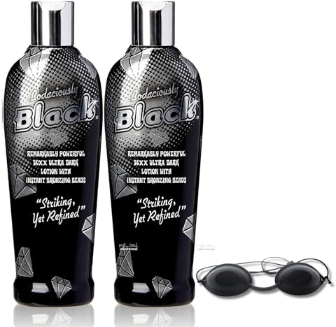 Bodaciously Black 50XX Ultra Dark Tanning Lotion 250ml 2 Pack with Goggles – Instant Bronzing Gelee for Fast Deep Colour and Ultra Moisturised Skin for Indoor or Outdoor Tanning