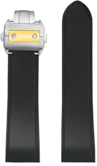 23mm 25mm Passend for Cartier Santos 100 Silikon Uhrenarmband Metallschnalle Männer Schwarz Blau Weiches Armband(Black-gold Folding,Width 25mm)