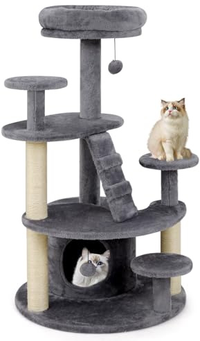 COSTWAY Kratzbaum klein, Katzenbaum Holz, Katzenkratzbaum mit Katzenhöhle, Ball, Leiter, Plattformen & Kratzsäulen, Aktivitätsbaum Katzenmöbel Kletterbaum, Katzenturm Katzen (Grau)