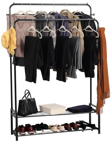 House Of Home Heavy Duty Double Clothes Rail with 2 Shelves, Freestanding Black Metal Garment Rack for Bedroom or Hallway. 2-Tier Hanging Rail & Storage Stand, Strong & Durable Design (3.5ft × 5.5ft)