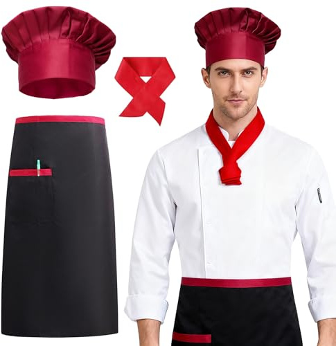 Costume de chef Hibachi pour Homme Femme, Accessoires pour Halloween, Tablier Cuisine Noir avec Poche, Toque de Cuisinier Rouge Cravate Ajustable, Cravate de Boulanger pour Adultes Carnaval Cosplay