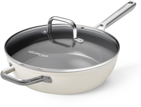 naturepan Poêle Céramique Diamant Titane 28 cm Haute avec Couvercle - Revêtement Antiadhésif Sans PTFE/PFOA/PFAS - Poignée Restant Froide - Compatible Induction & Four - Lave-Vaisselle - Blanc Laiteux