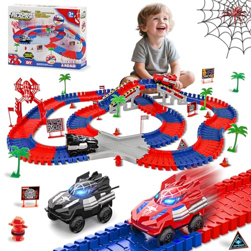 Kssvzz Spider Pista Macchinine 2 3 4 5 6 Anni Bambino, Flessibile Giocattolo Pista Auto Elettriche, Regalo Compleanno Natale Giochi per Bambini 2-8 Anni (212 Pezzi)