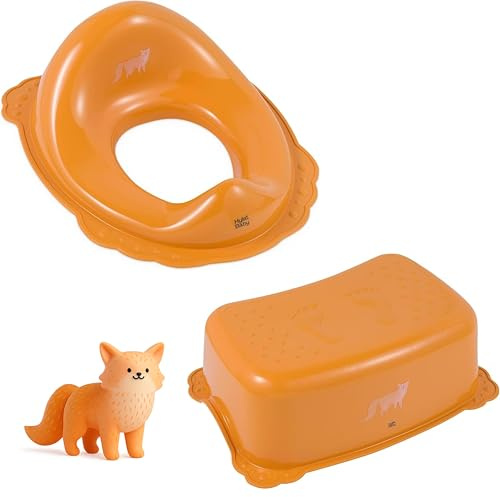 Hylat Baby Kinderhocker & Kindertoilettensitz Set - Rutschfester Tritthocker + Toilettenaufsatz für Kleinkinder - BPA-frei, Ergonomisch, Für Töpfchentraining & Bad - Orange mit Fuchs-Motiv