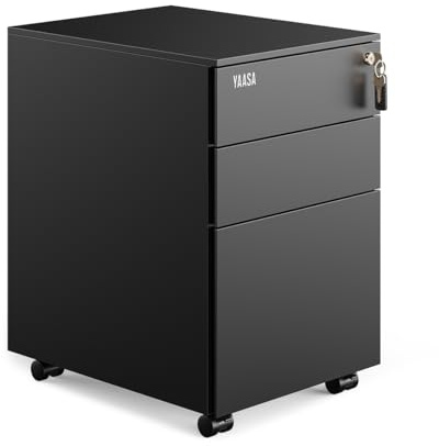 Yaasa File Cabinet Edged Standard Schwarz, Büroschrank aus Stahl, 3 Laden | 100L Stauvolumen, 3 Laden mit zentraler Verriegelung, aus hochwertigem Stahl, feststellbare Vorderräder, inkl. Stifteinsatz