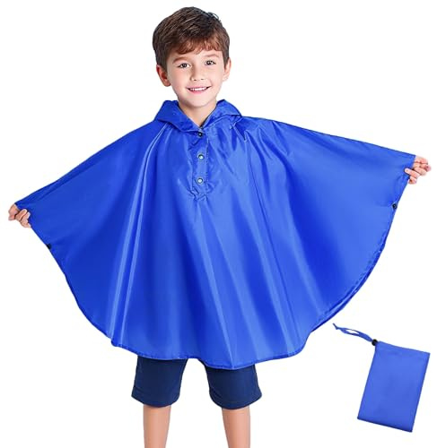 Keyck Mantellina Pioggia Bambini, Impermeabile Bambino Poncho Leggera Traspirante Giacca Bambina con Cappuccio, Riutilizzabile Ragazzi Ragazze Mantella Antipioggia 6-10 Anni, Blu