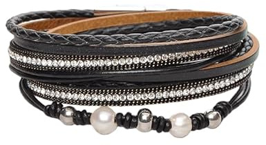 HUIANGLIYG Leder Wickelarmband Für Frauen Süßwasserperle Stapelbare Lederarmreifen Mit Strass Handgefertigte Armbänder Schmuck Boho Geschenk Für Frauen