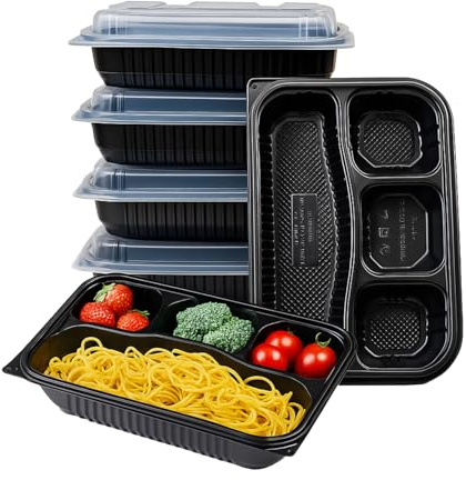ECONX 30 X 4 Compartment Takeaway Container Meal Prep Containers - Microwavable and Freezer Safe BPA Free PP Plastic Black Lunch Take Away Box Food Storage Box with Lid Bento Takeout Boxes