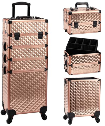 Rullande makeup-tågfodral kosmetisk vagn 4-i-1 stor kapacitet resa med nyckelhjul salong frisörsalong för kosmetika frisör nageltekniker, Rosa guld, En storlek, bohemisk