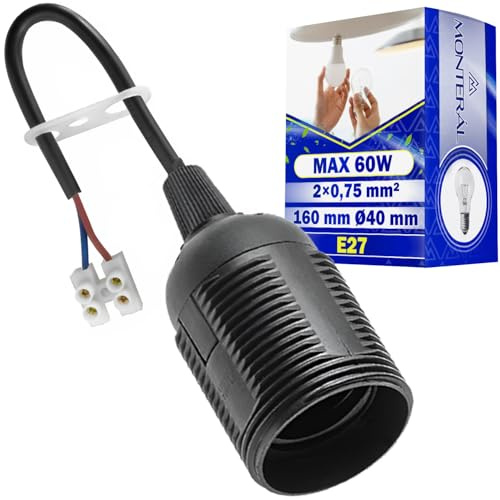 Douille de Chantier E27 avec Câble et Borne 160 mm 2x0,75mm² Ø40 mm Max 60W 220-240V - Douille Chantier E27 de Couleur Noir - Garantie de 10 Ans - MONTERAL