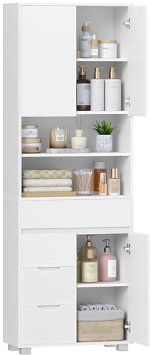 Hzuaneri Armario Alto Baño, Columna Mueble Auxiliar con Estantes Ajustables, 4 Cajones y 3 Puertas, 30 x 60 x 190 cm, Moderno, para Cocina, Salón, Blanco SC15503X